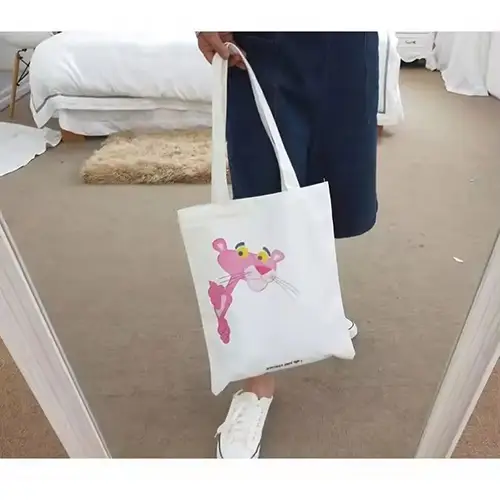 Graphic Canvas Tote Bag with Fun Pink Character Design